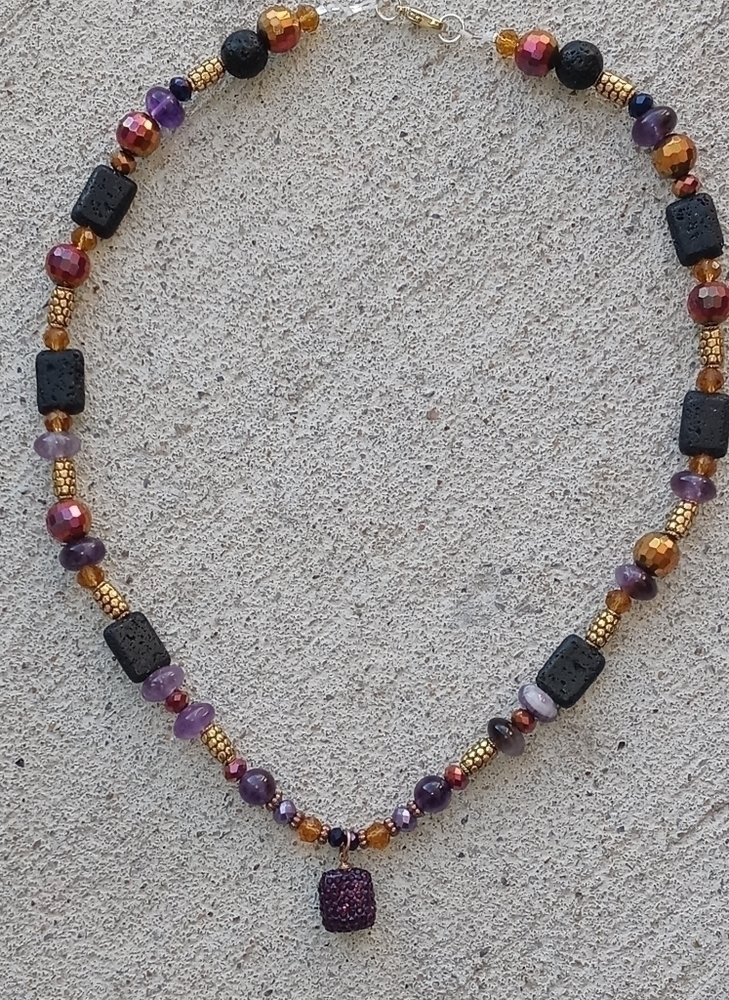 Amethyst, Swarovski Crystal & Lava Stone Necklace